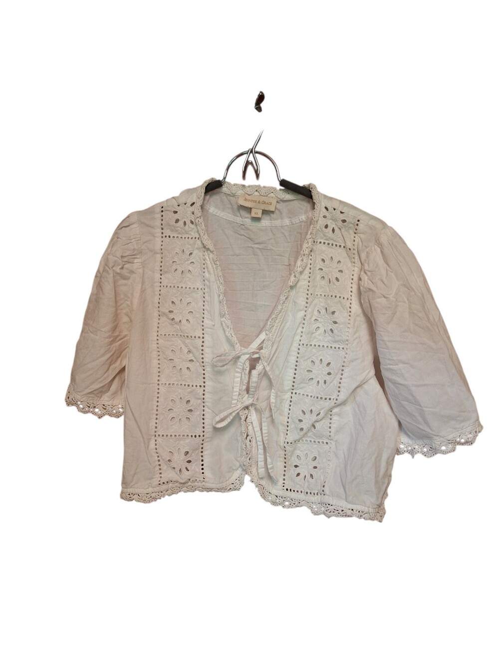 Jennifer & Grace Crochet Eyelet Tie-Front White 100% Cotton Top Cottagecore